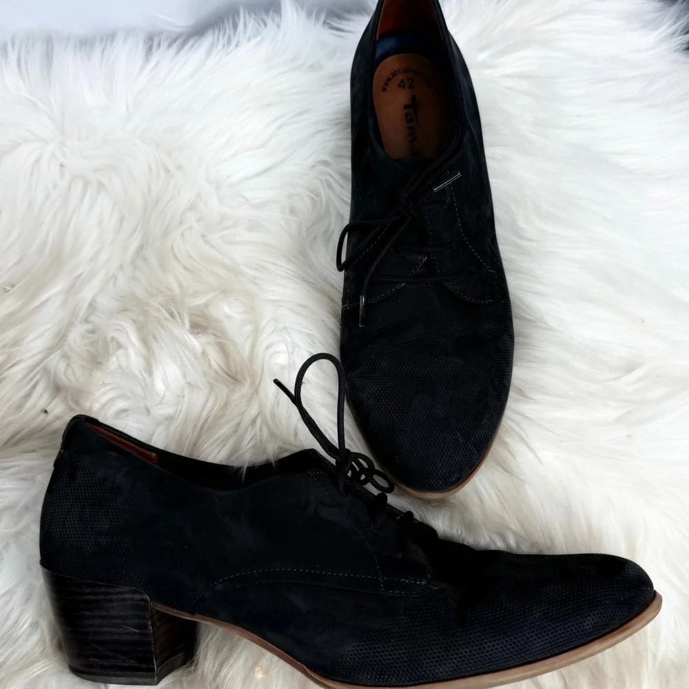 Tamaris Black Leather Perforated Lace Up Oxford Heels Anti-Shokk Size 42